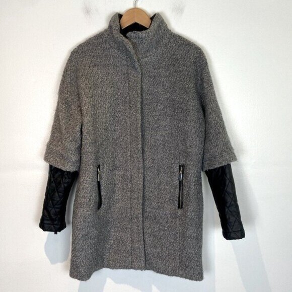 Vince Camuto Wool Blend Women's Jacket Size S Faux Leather Sleeve Mock Neck Gray - Picture 2 of 13